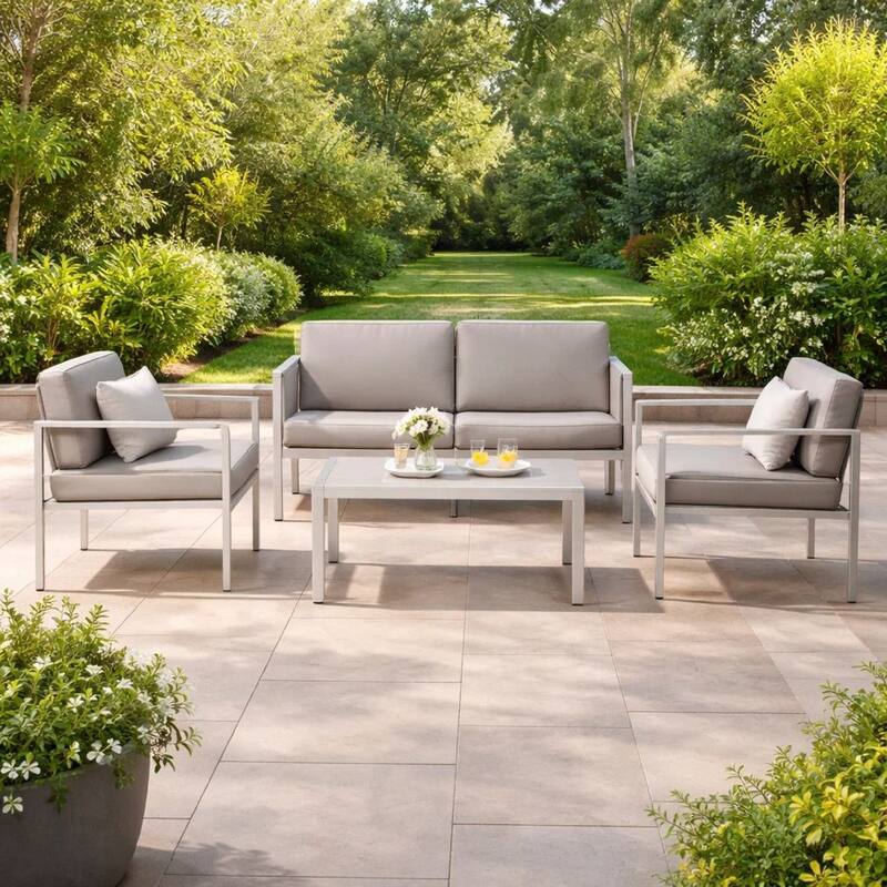 Kili 4 Piece Outdoor Sofa, Chairs and Table Set, Sleek Silver Aluminum