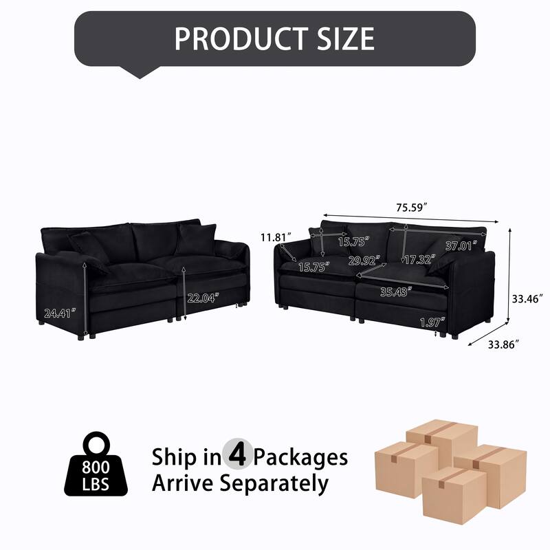 2-Piece 75.59" Chenille Cloud Loveseat Set with Deep Seat & 4 Pillows