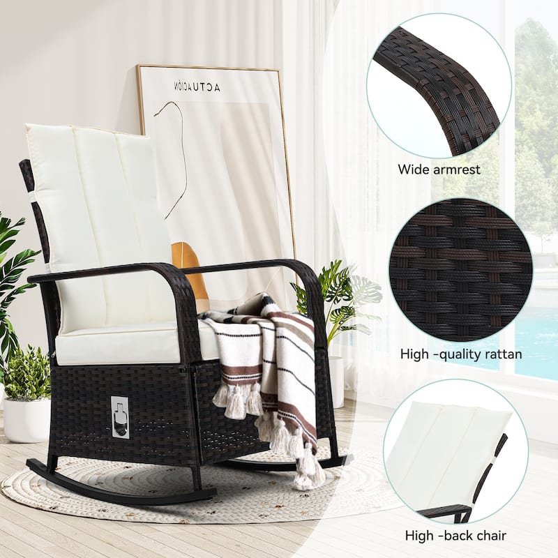 Outdoor Wicker Rocking Chair with Soft Cushions,Adjustment Back, Footrest