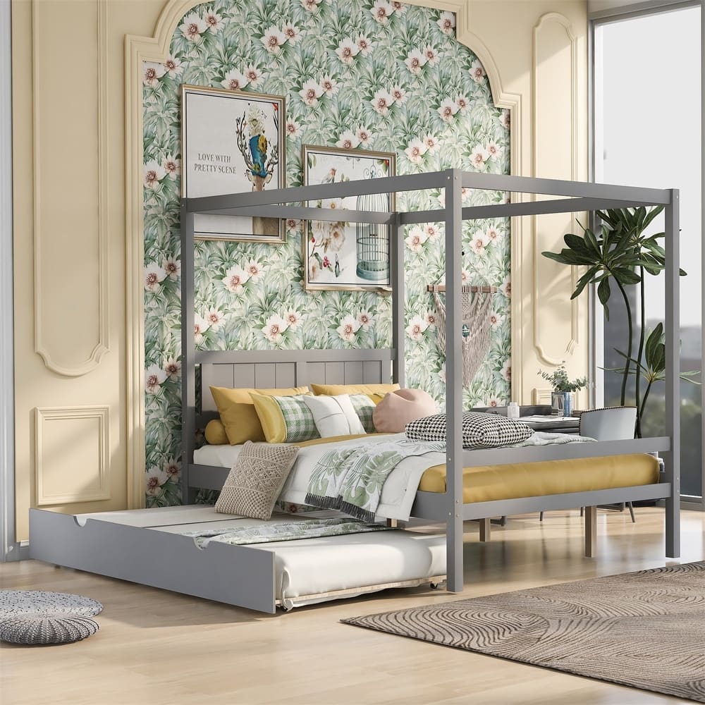 Merax Full Size Canopy Platform Bed with Trundle