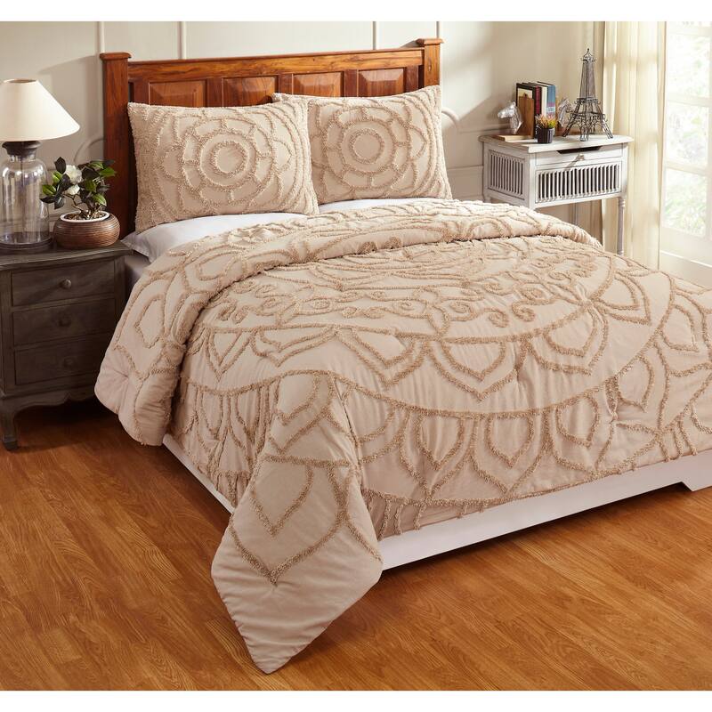 Better Trends Cleo Comforter Set 100% Cotton Tufted Floral Design Soft Plush Chenille Machine Washable Tumble Dry - Taupe - Full
