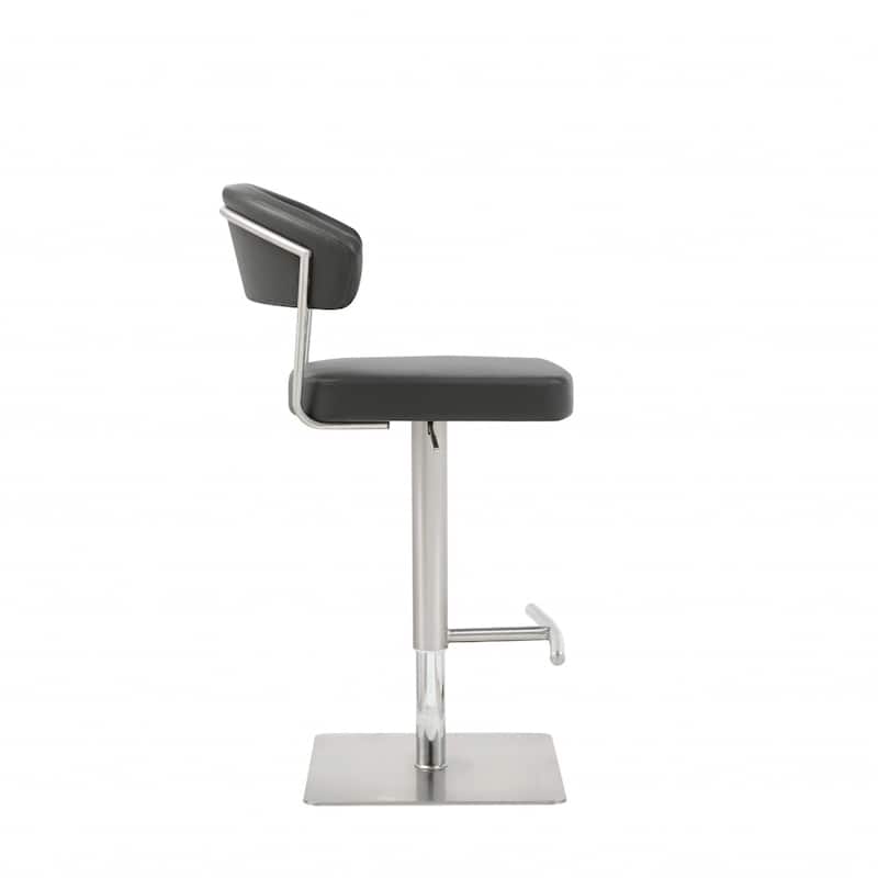 Black Faux Leather Bucket Bar Stool with Silver Stainless Steel Pedestal, Adjustable Height - 22” x 20” x 34” (D x W x H)