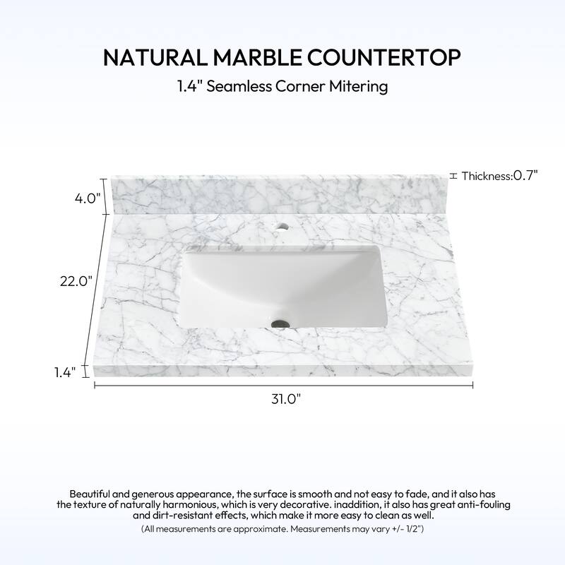 Zevio Natural Marble Vanity Top in Carrara White with Ceramic Sink