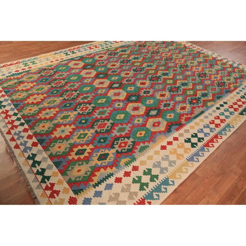 Geometric Multi-Color Kilim Reversible Area Rug Flatweave Wool Carpet - 8'0"x 11'3"