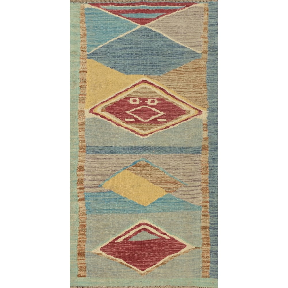 Hand Woven Oriental 100% Wool Carpet Southwestern Geometric Multi-Colored Kilim Area Rug - 4' 0'' X 2' 0''