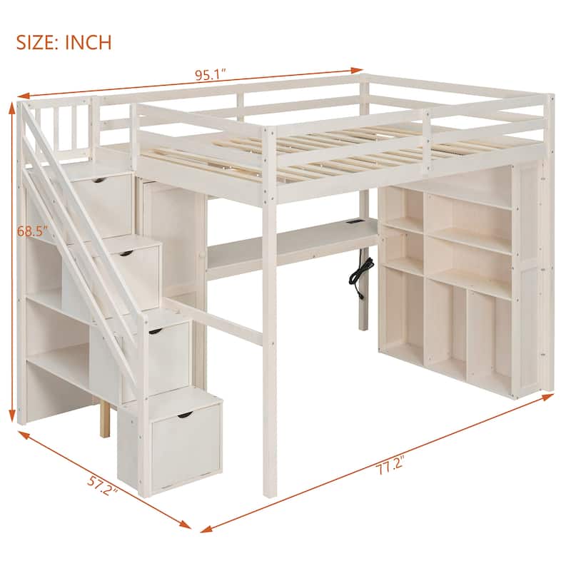Full Loft Bed with Built-In Wardrobe & Study Desk - Space-Saving Frame with LED Lights & Shelves