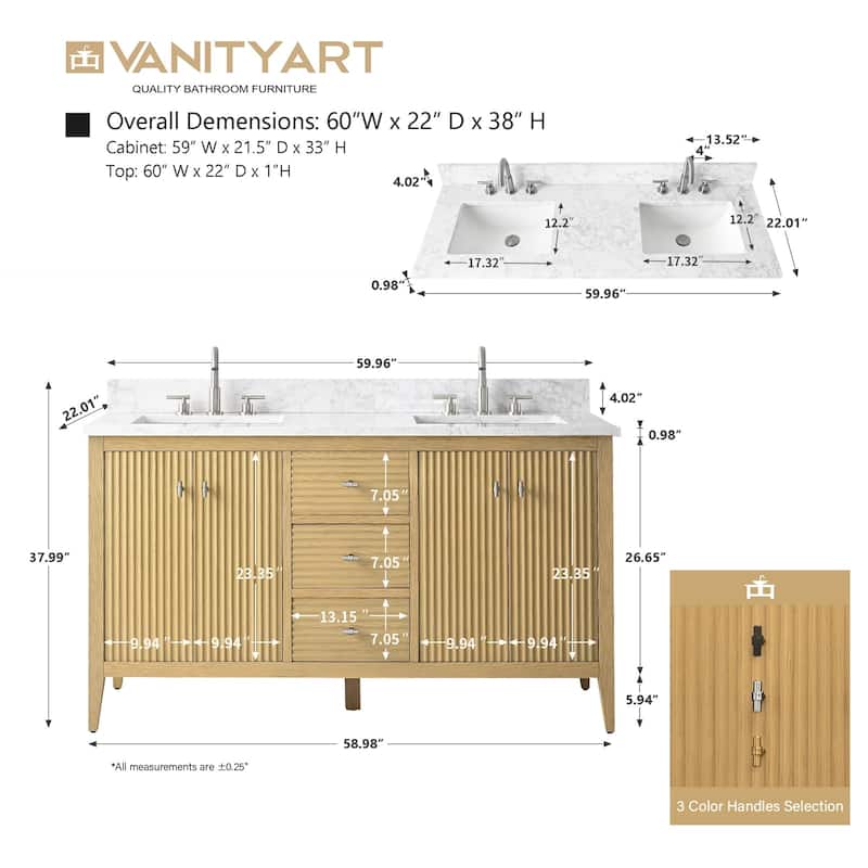 Vanity Art 60" Double Sink Bathroom Vanity Cabinet with Engineered Marble Top