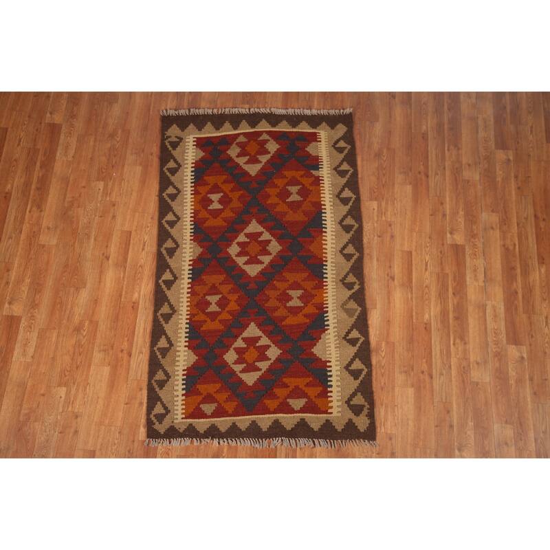 Reversible Kilim Geometric Area Rug Hand-woven Wool Carpet - 3'2" x 5'4"
