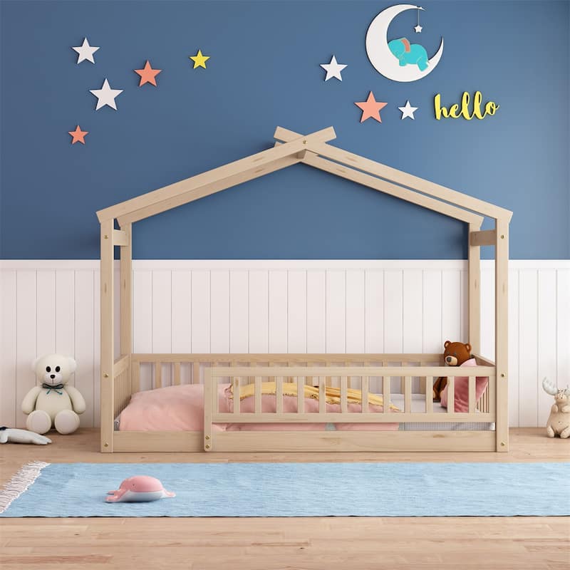 Twin Size Wood Bed House Bed Frame with Fence - Natural