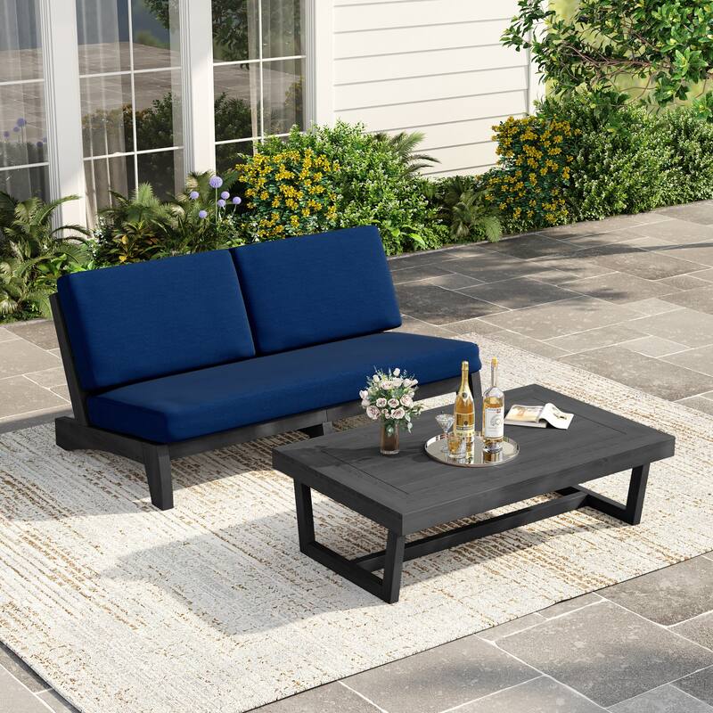 3 Seat Wood 64" W Cushioned Outdoor Patio Sofa with Coffee Table
