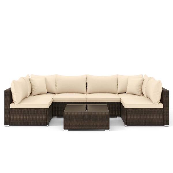 7 PCS Patio Rattan Furniture Set Outdoor Conversation Set w/ Cushions