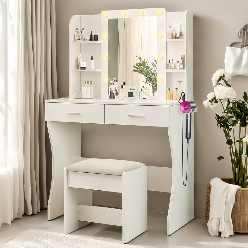 Makeup Vanity with Power Outlet & Hair Dryer Rack - White