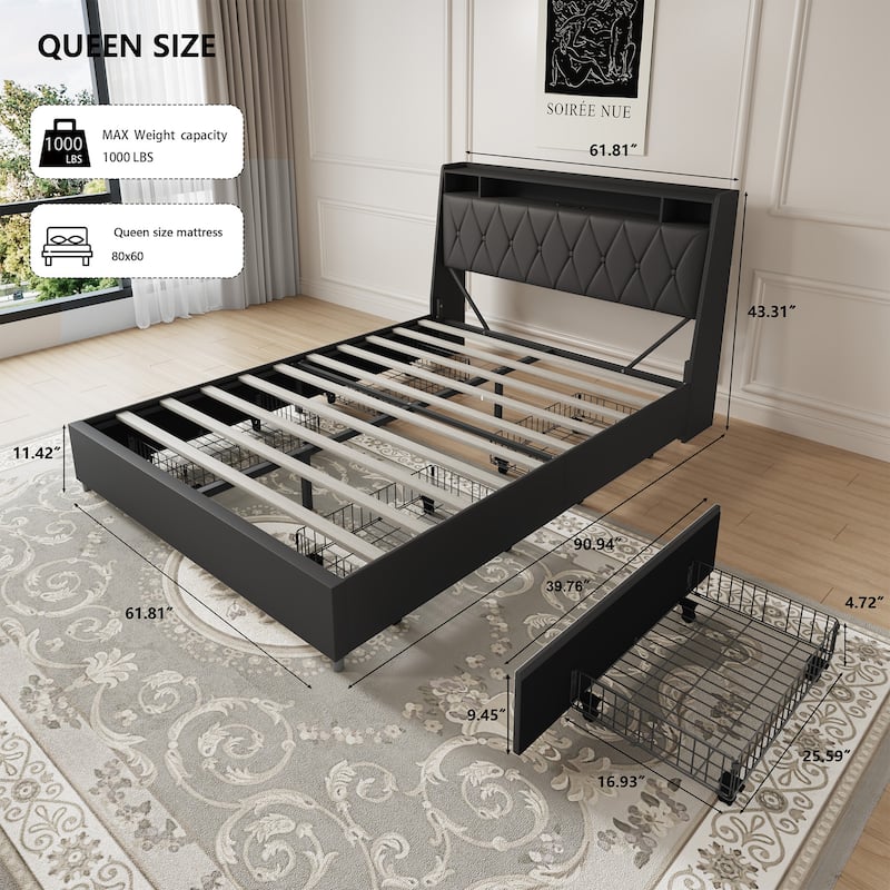 Queen Bed Frame with Ergonomic Headboard, Platform Bed Frame with Outlets & Charger, Metal Bed Frame with Storage Shelf