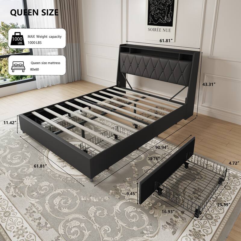 Queen Size Bed Frame with Ergonomic Headboard, Built-in Outlets, Charger, Storage Shelf, Noise-Free, No Box Spring Needed