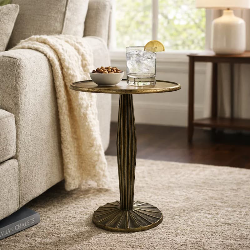 17 Inch Side End Drink Table, Fancy Fluted Base, Round Top Antique Brass - Brass - Aluminum