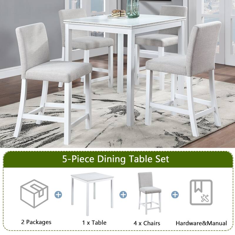 Modern 5-Piece Dining Set with Square Counter Height Table & 4 Upholstered Chairs
