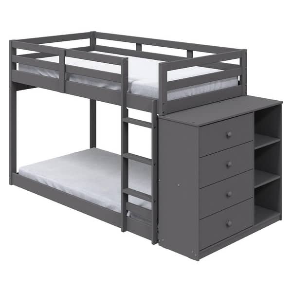 slide 2 of 6, Classic Twin Bunk Bed with Cabinet, 4 Drawers, 3 Compartments, Ladder, Gray Twin - Grey