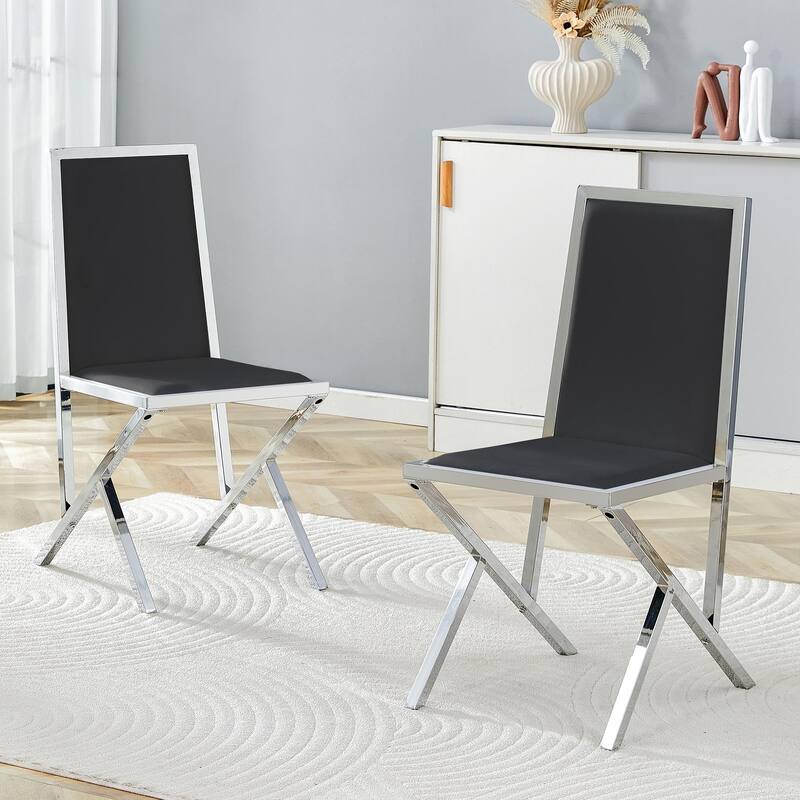 Set of 2, Metal Framed PU Dining Chairs: Ergonomic Design, A Simple And Luxurious Choice - Black+Silver