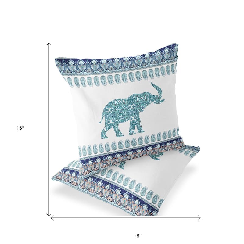 HomeRoots Set of Two 16" X 16" Blue and White Elephant Blown Seam Paisley Indoor Outdoor Throw Pillow - 16.00' X '16.00' X '5.00