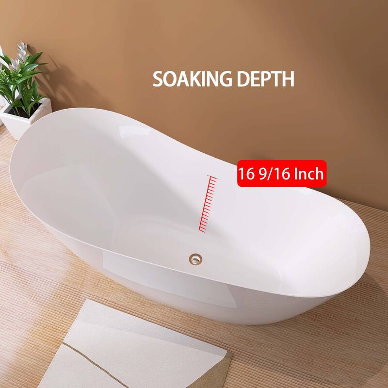 65 in. x 30 in. Acrylic Free Standing Soaking Bathtub with Center Drain in Glossy White