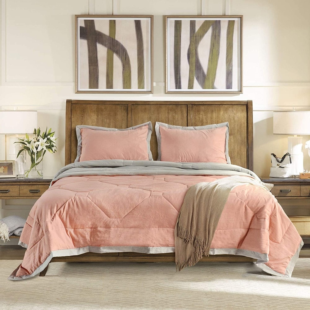 BEAUTIFUL 9 PC MODERN CHIC CASUAL SOFT GREY WHITE PINK COMFORTER & SHEETS SET 