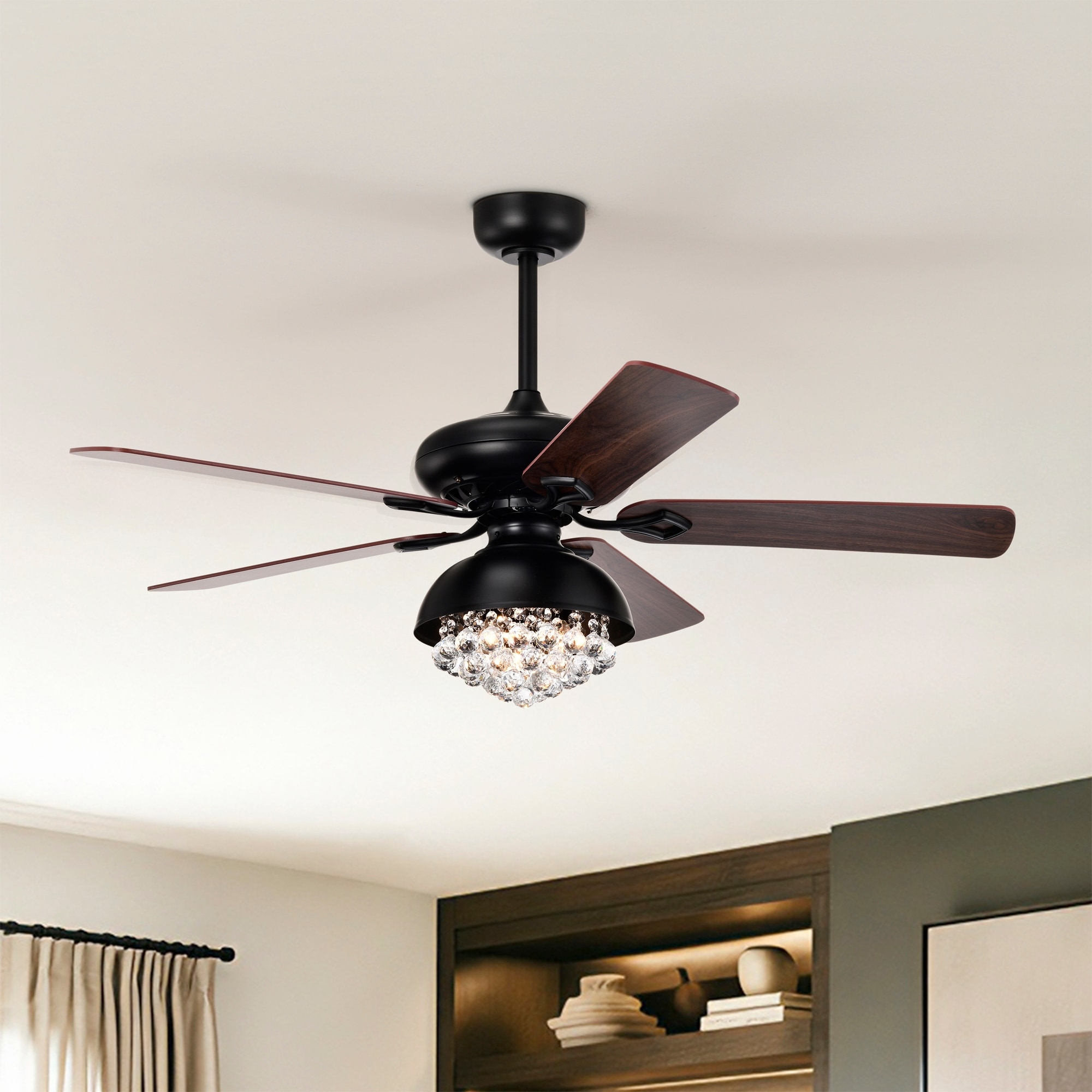 Warehouse of Tiffany Fredix 5-Blade 52-Inch Black Ceiling Fan with Hooded Crystal Chandelier Remote Controlled