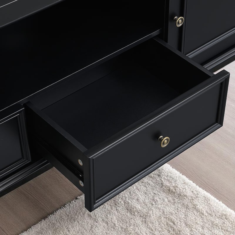 70.9" Modern TV Stand for TVs up to 80", Entertainment Center with 2 Cabinets, 2 Drawers, Open Shelf, Solid Wood Legs