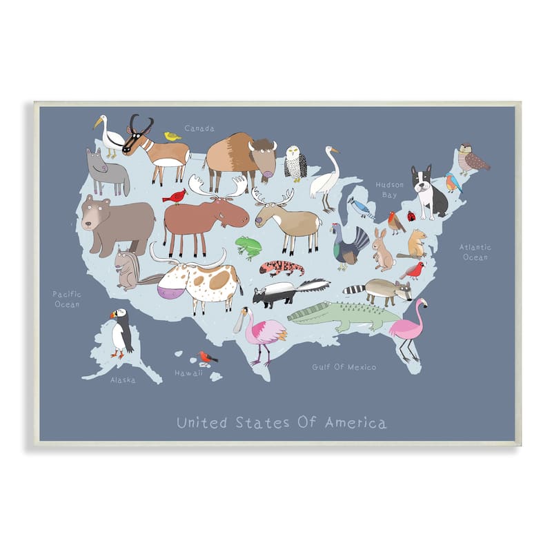 Stupell United States Map with Playful Animal Illustrations Wood Wall ...