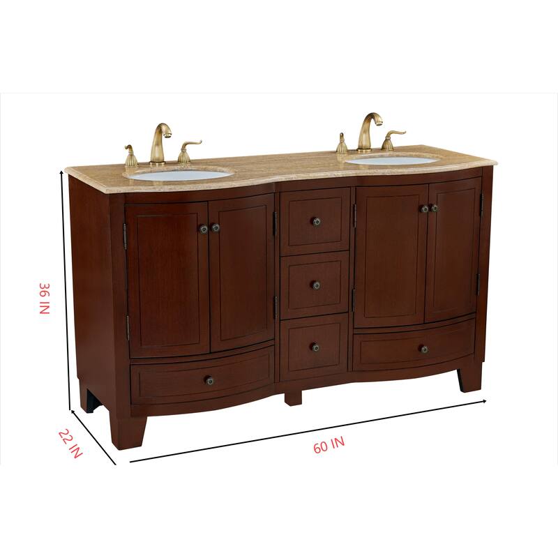 60 in. W x 22 in. D x 36 in. H Dark Cherry Bath Vanity with Double Sink and Brown Travertine Top, Ample storage