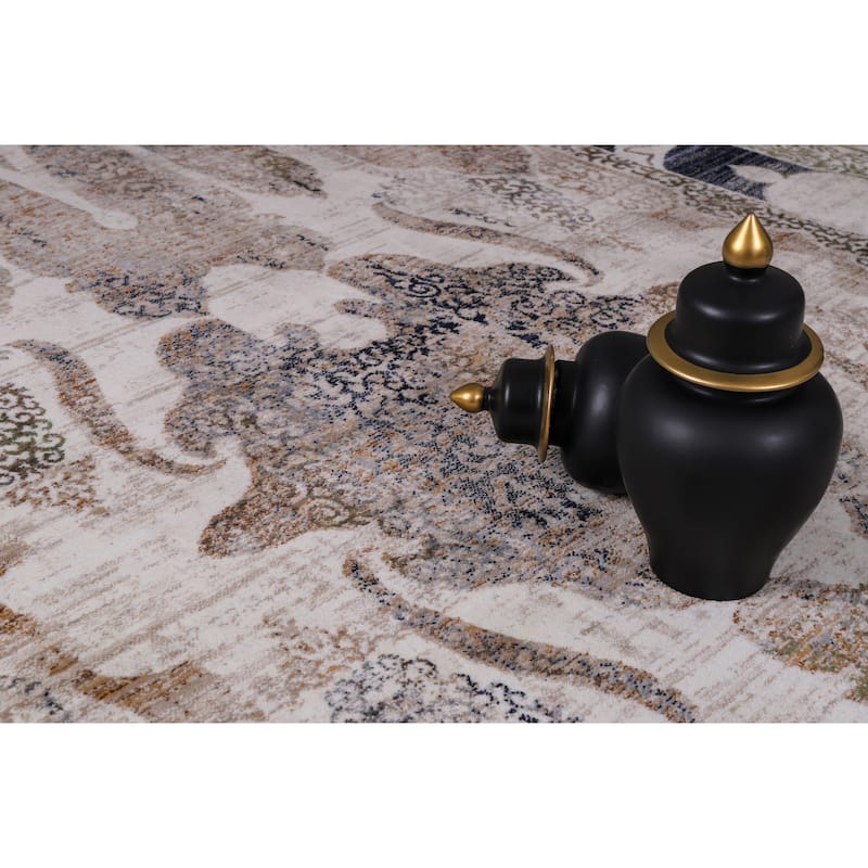 Anna Collection Ivory, Black, Grey, and Tan Scrollwork Rug
