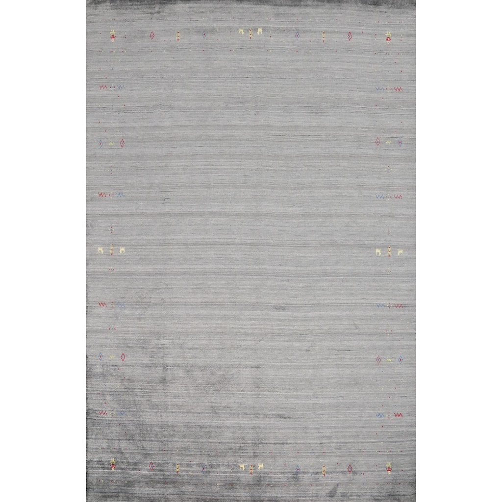 Hand Knotted Oriental Viscose Silk Carpet Tribal Animal Pictorial Greys & Charcoal Gabbeh Area Rug - 9' 11'' X 8' 1''