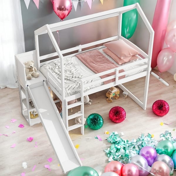 slide 2 of 29, Twin Size House Loft bed With Slide,Shelves And Light for Home