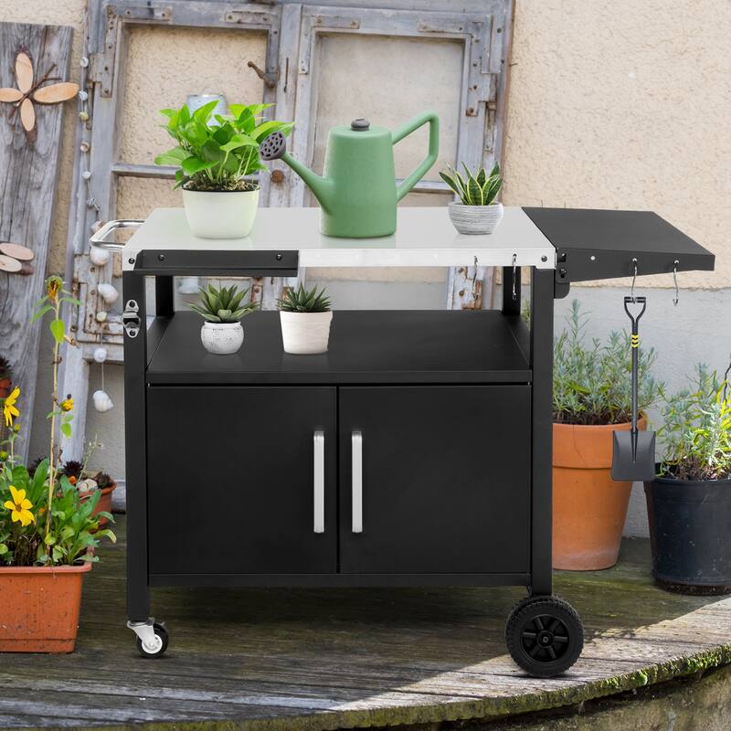Outdoor Grill Cart with Foldable Side Table Iron Frame, Mobile BBQ Station with Storage Cabinet, Spice Rack & Lockable Wheels