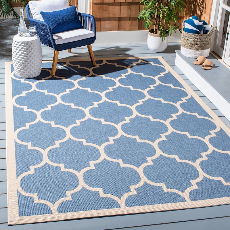 SAFAVIEH Courtyard Kathy Indoor/ Outdoor Waterproof Patio Backyard Rug - 6'7" x 9'6" - Blue/Beige