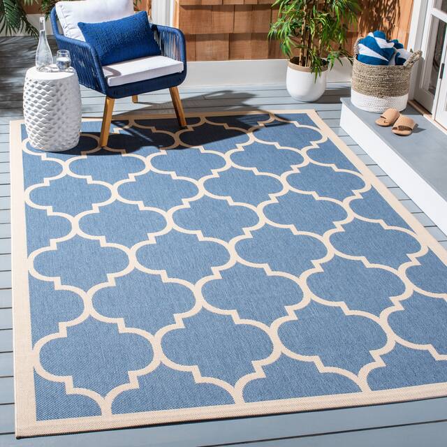 SAFAVIEH Courtyard Kathy Indoor/ Outdoor Waterproof Patio Backyard Rug - 6'7" x 9'6" - Blue/Beige