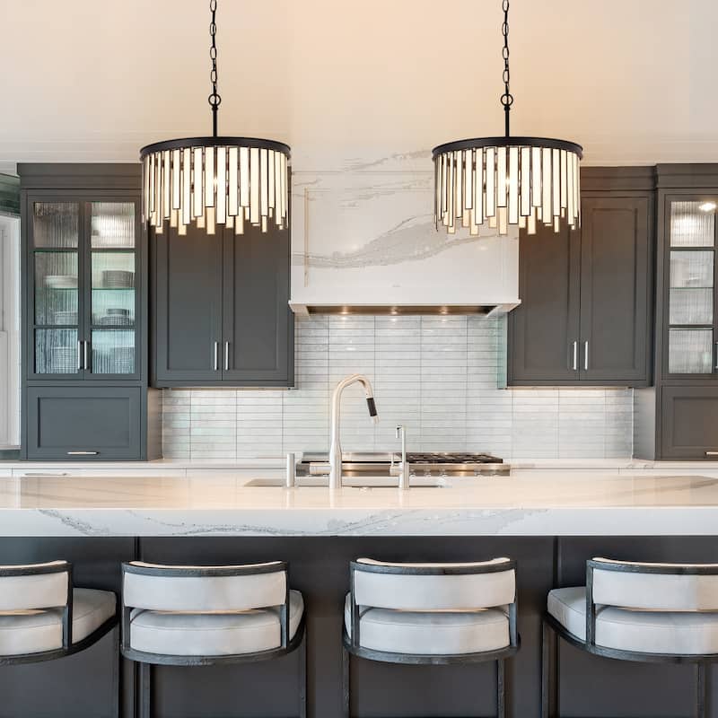 Tifany Modern 3-Light Drum Chandelier with Black White Glass for Kitchen Island Foyer - D16"* H15"