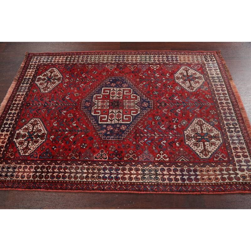 Pre-1900 Antique Vegetable Dye Shiraz Persian Wool Area Rug Handmade - 3'9" x 5'1"