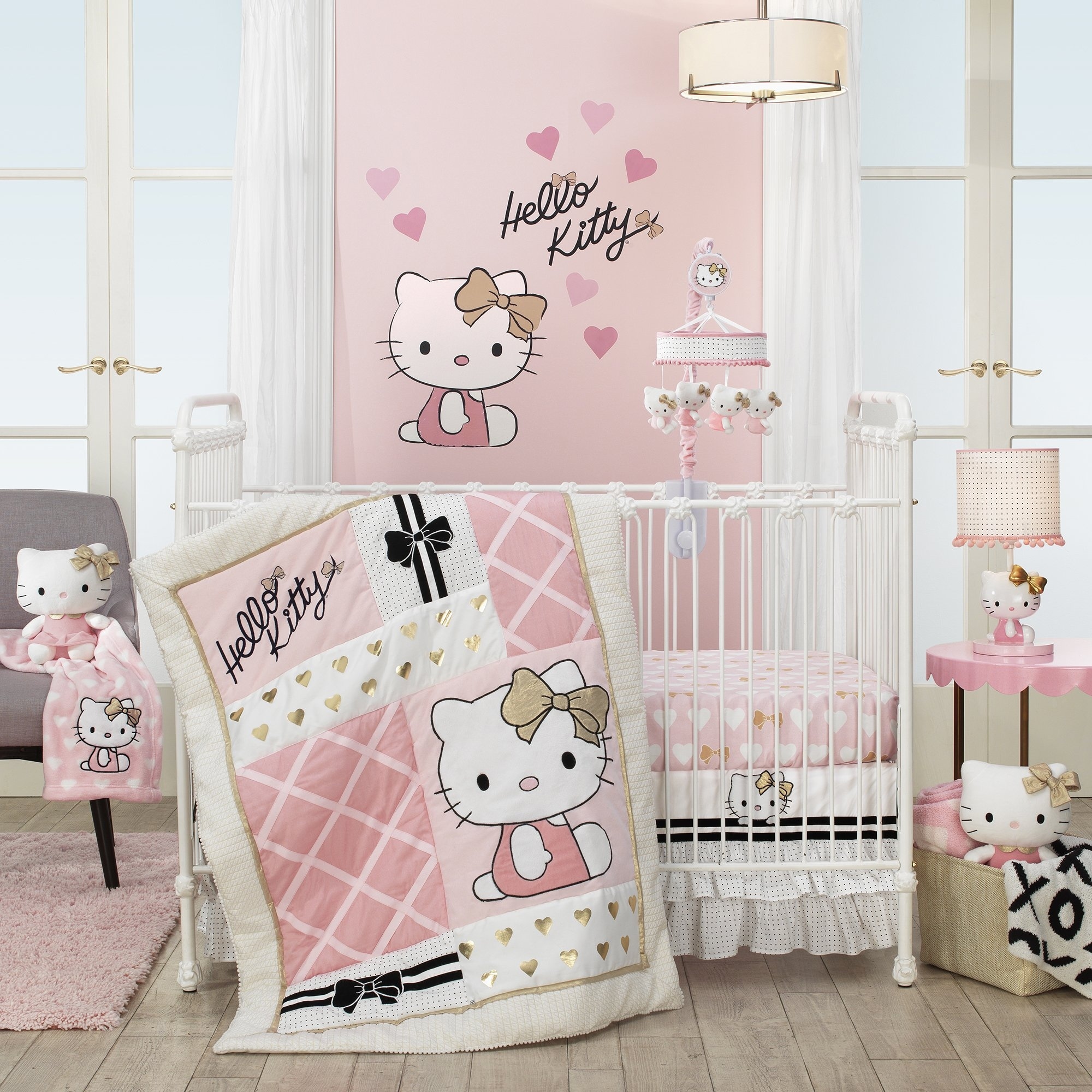 Lambs Ivy Hello Kitty With Hearts Pink Gold White Nursery 3 Piece Baby Crib Bedding Set