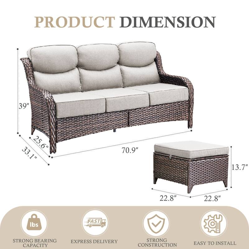 Arcadia 3-Seat Wicker Patio Sofa with 6-Inch Thick Cushions and 2 Ottomans