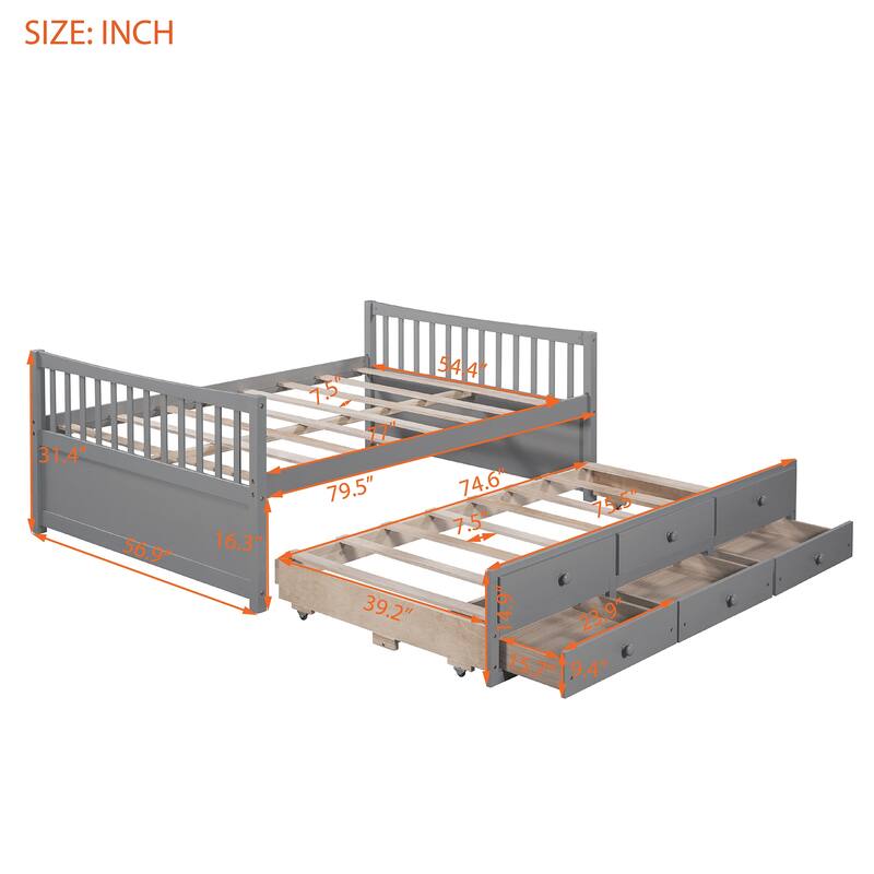 Wooden Twin/Full Daybed with Pull-Out Trundle and Storage Drawers