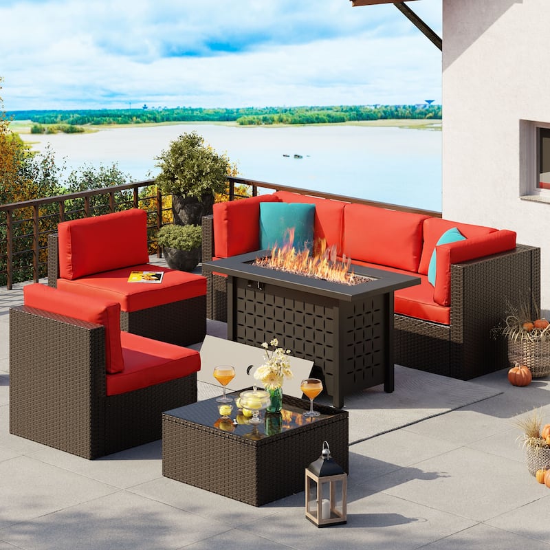 7 Piece Sectional Seating Group with Cushions and Fire Pit