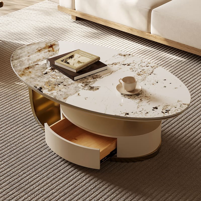 51" Modern Pandora Oval Coffee Table with Glossy Sintered stone top, Luxury Coffee Table, Stainless Steel Legs for Livingroom