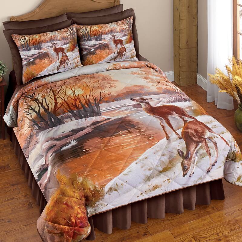 Winter Deer Diamond Quilted 3-Piece Comforter Set - King