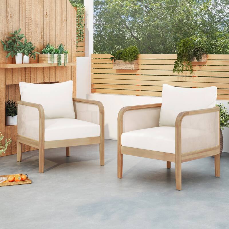 Set of 2,Outdoor Chair,Textilene Patio Furniture,Waterproof Thick Cushion Deep Seating,Weight Capacity 400lbs,Light Teak Finish - Light Teak