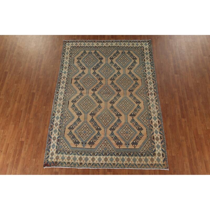 Geometric Bakhtiari Persian Vintage Rug Handmade Orange Wool Carpet - 6'8"x 9'5"