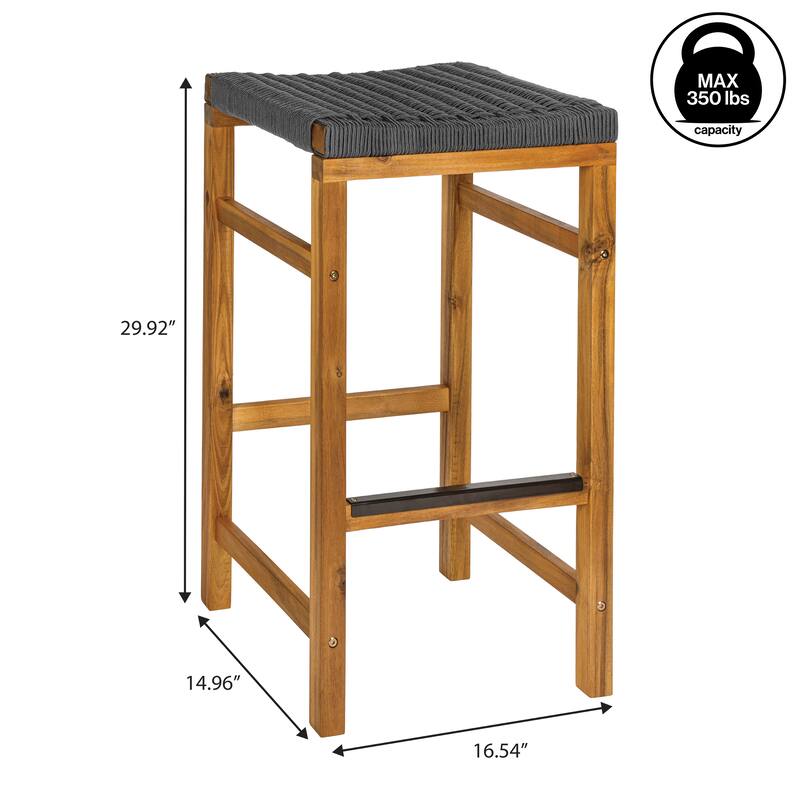 Armand Backless Acacia Wood Outdoor Stool with Woven Rope Seat, (Set of 2)