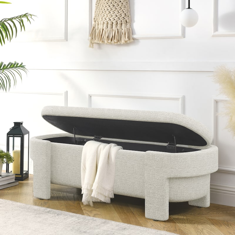 Linen Upholstered Storage Bench Large Hidden Compartment