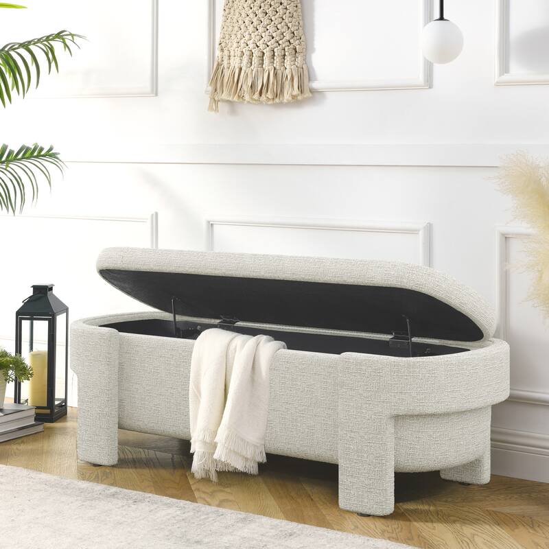 Oval End of Bed Bench, Linen Fabric Upholstered Storage Bench, Entryway Bench with Hidden Storage Space & Support Legs - Beige Stripe