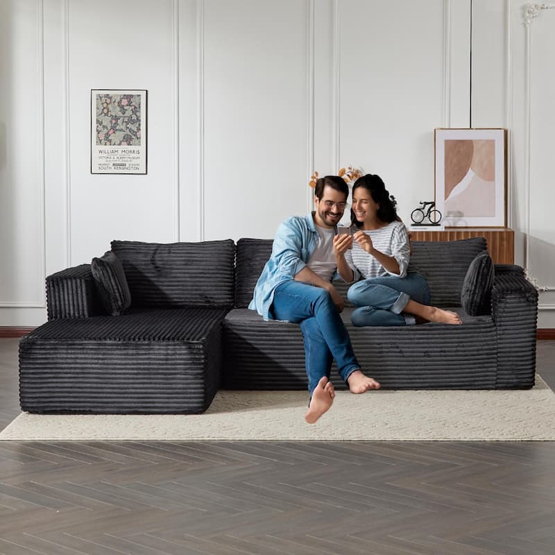 Modular L Shaped Sectional Sofa with Chaise Lounge, Corduroy Upholstered Boneless Sleeper Sofa, Compression Sofa with Deep Seat