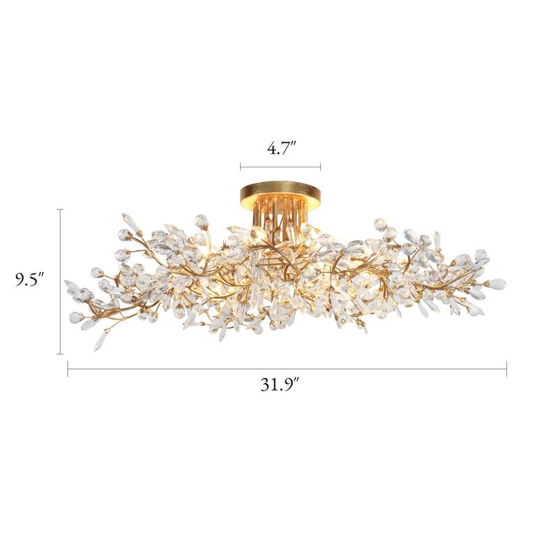 Aureflor 8-Light Antique Gold Foil Crystal Floral Chandelier Semi-flush Mount Ceiling Light - Antique Gold - 31.9" Dia.x9.4"H